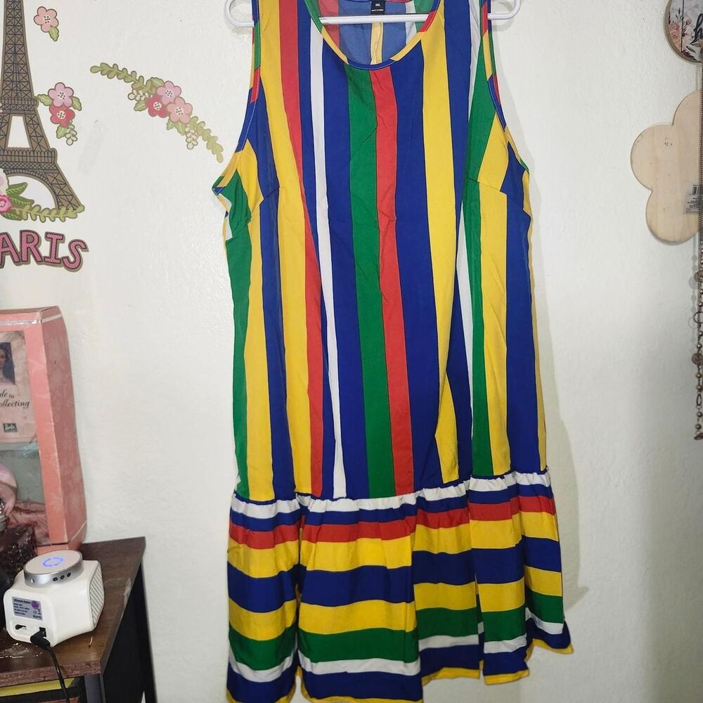 Vertical with Horizontal Striped Bottom Lightweight Dress 3XL